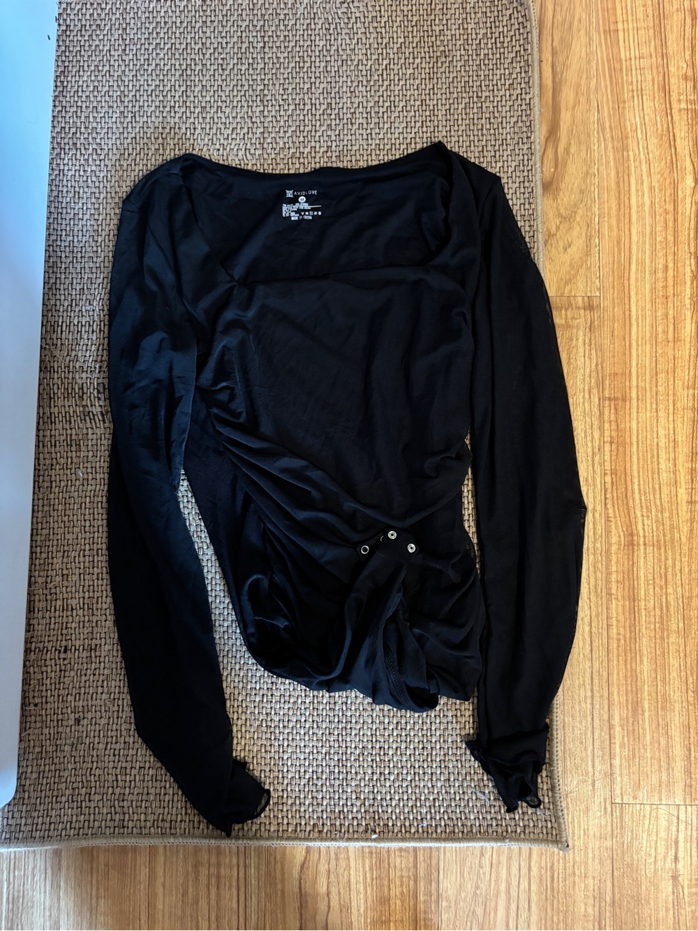 Ruched Snap-Front Black Long-Sleeve Bodysuit